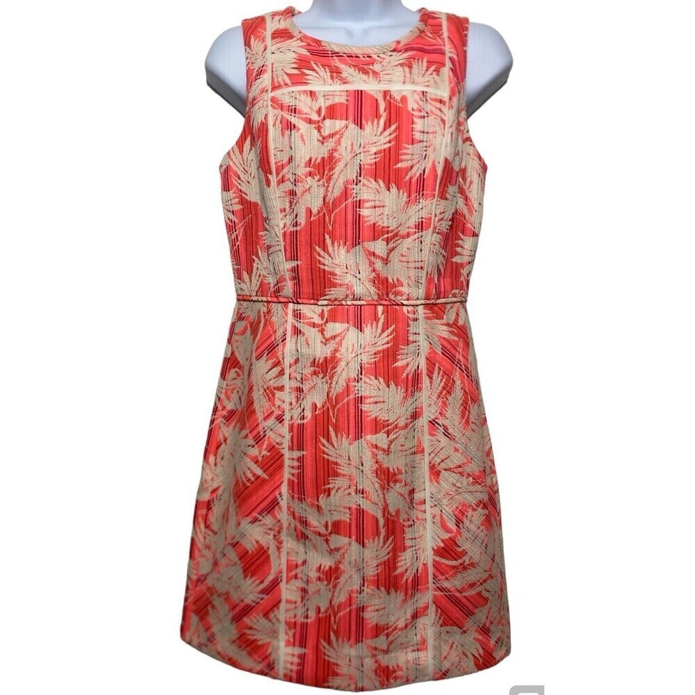 J Crew Dress Women Size 2 Jacquard Palm Print Back Cut-Out Coral Cream Midi